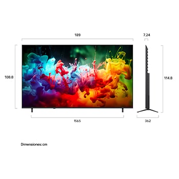 LG QNED AI QNED74 Mini LED shown in front and side views highlights a 65-inch display with a 1447 mm-wide screen, 838 mm screen height, 901 mm height with stand, a 70.8 mm profile depth, and a stand footprint measuring 1185 by 269 mm.